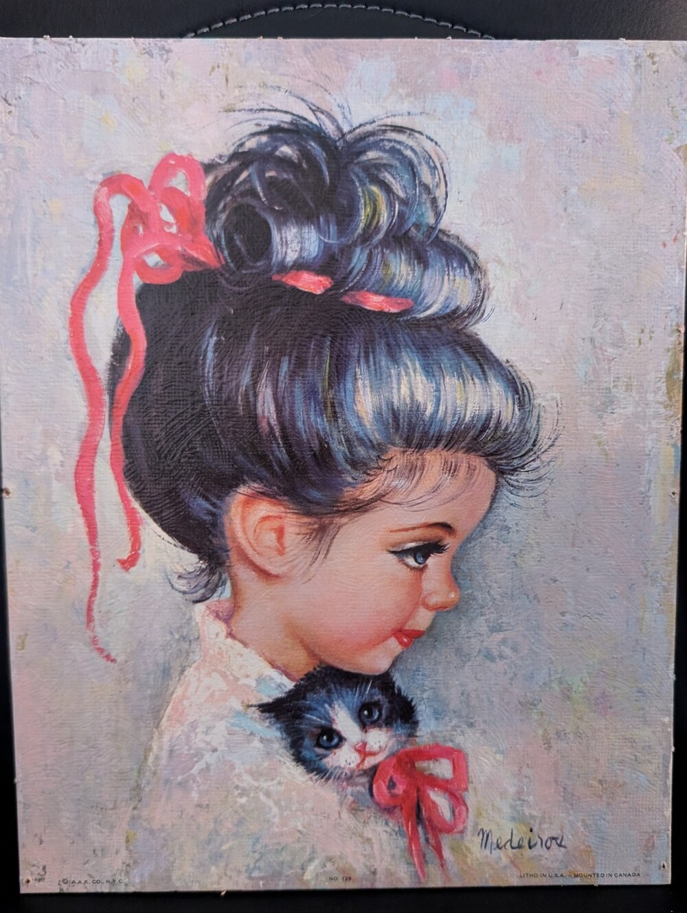 Vtg SUGAR BUN by Medeiros Big Eyed Girl & Kitten Litho Print Cardboard 16x20